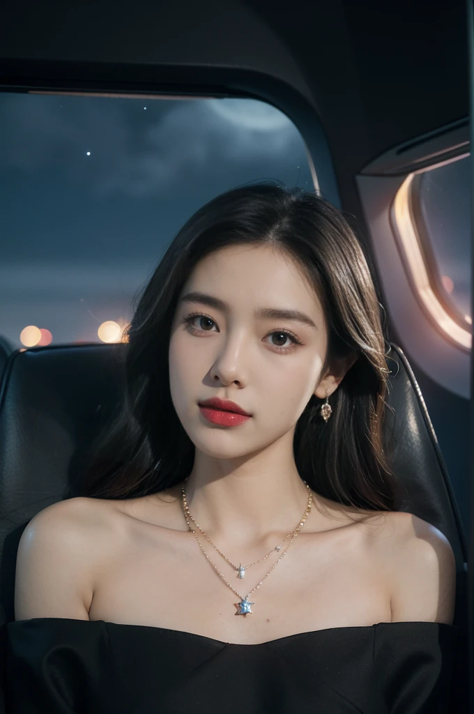 (((best quality))),(((ultra detailed))),(((masterpiece))),illustration,(a beautiful girl,female passenger,solo),(parted red lips),((slim,thin,small breasts,flat chest)),((earrings,crystal necklace)),(slender legs:1.2),summer night,((in airplane,economy class,indoor)),(blanket over shoulders:1.3),((dress)),(shoulder length straight bob hair:1.2),stars,moonlight,smooth flight,engine sound,lullaby,relaxed,excited,laughing,visiting family,comfortable seats,soft fabric,headrests,adjustable,beauty of night sky,dimmed lights,sleeping passengers,movies,personal screens,staying awake,magic of sky,joy of being with family,memorable journey,adventures,(surrounded by crowded crowds:1.3),(Outside the window is high-altitude night view:1.2),((from front,upper body))