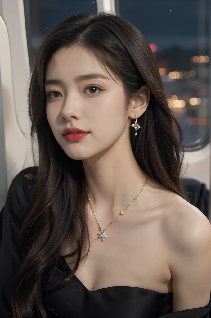 (((best quality))),(((ultra detailed))),(((masterpiece))),illustration,(a beautiful girl,female passenger,solo),(parted red lips),((slim,thin,small breasts,flat chest)),((earrings,crystal necklace)),summer night,((in airplane,economy class,indoor)),((strapless bra)),(shoulder length straight bob hair:1.2),stars,moonlight,smooth flight,engine sound,lullaby,relaxed,excited,laughing,visiting family,comfortable seats,soft fabric,headrests,adjustable,beauty of night sky,dimmed lights,sleeping passengers,movies,personal screens,staying awake,magic of sky,joy of being with family,memorable journey,adventures,(surrounded by crowded crowds:1.3),(Outside the window is high-altitude night view:1.2),((from front,close-up of face))