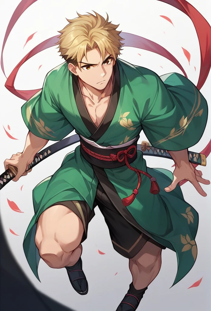 boy, blond, brown eyes, green kimono, haramaki, katana, in full growth, black shoes 