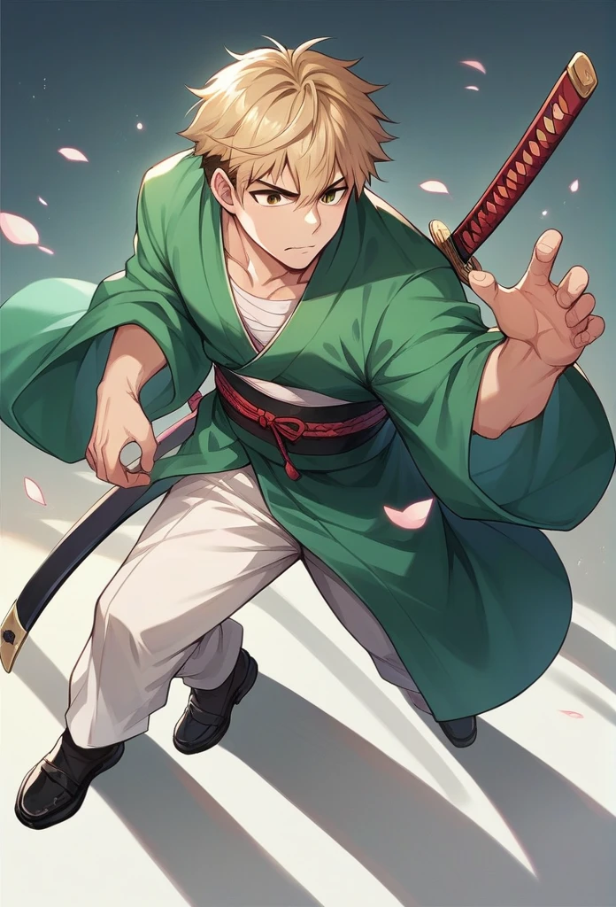 boy, blond, brown eyes, green kimono, haramaki, katana, in full growth, black shoes