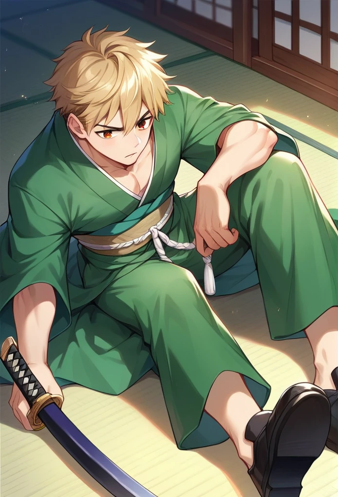 boy, blond, brown eyes, green kimono, haramaki, katana, in full growth, black shoes