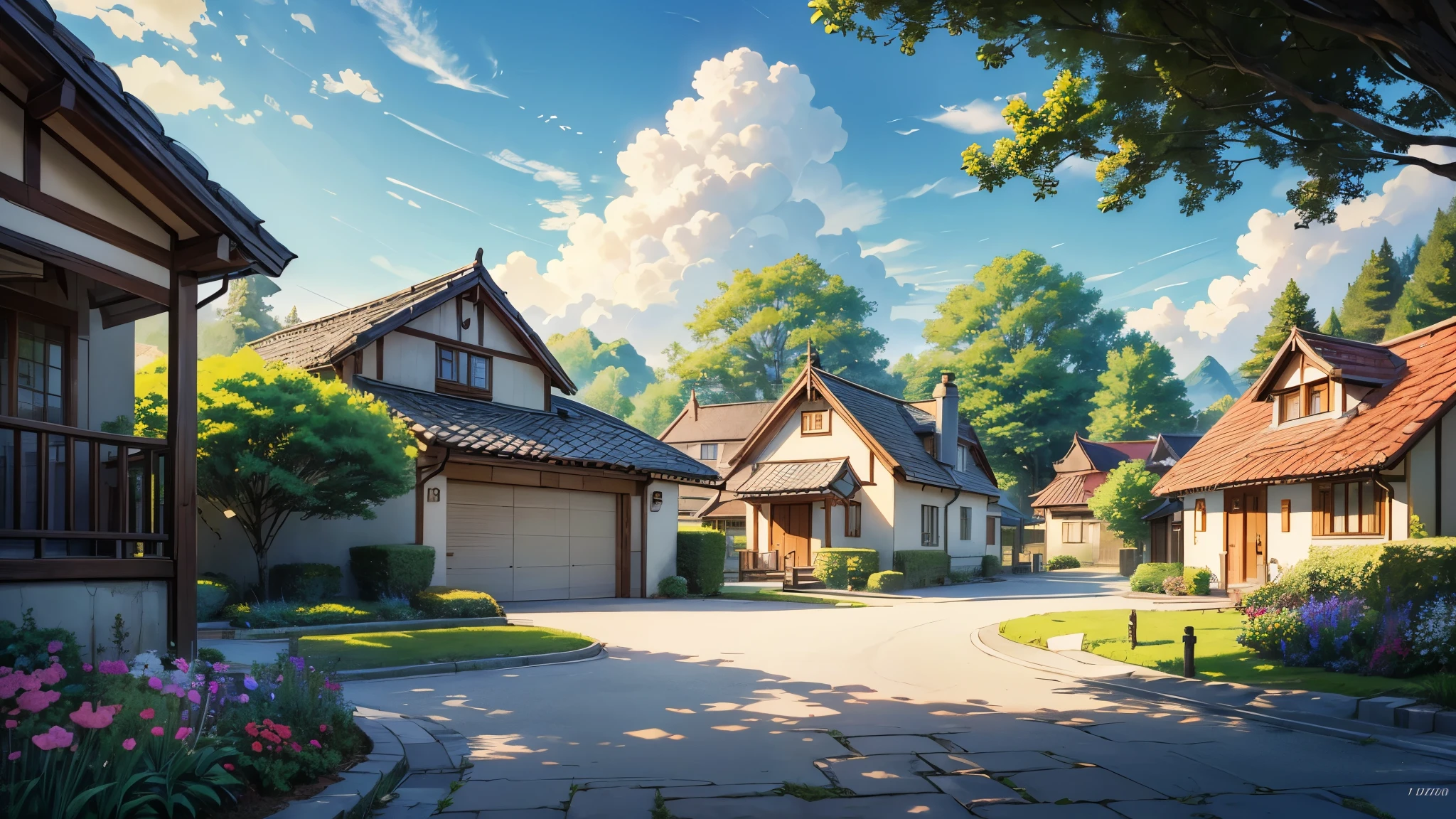 Create a high-quality anime-style image of a serene rural scene. The setting is a peaceful village with a sunny, clear blue sky adorned with fluffy white clouds. The foreground features a quaint yard with a yellow vintage Volkswagen van parked on a stone-paved driveway. The van is well-maintained, and its vibrant color contrasts beautifully with the green surroundings.
The yard is lush with greenery, including tall trees, bushes, and vibrant flowers, adding a touch of life and color to the scene. The red-tiled roofs of nearby houses peek through the foliage, giving a cozy and homely feel. Include details like a wooden fence, a small garden with various plants, and a few birds flying in the sky to enhance the tranquil atmosphere.
Ensure the overall mood of the image is calm and nostalgic, capturing the simplicity and beauty of rural life. Pay attention to the interplay of light and shadow, making the colors pop and adding depth to the scene.