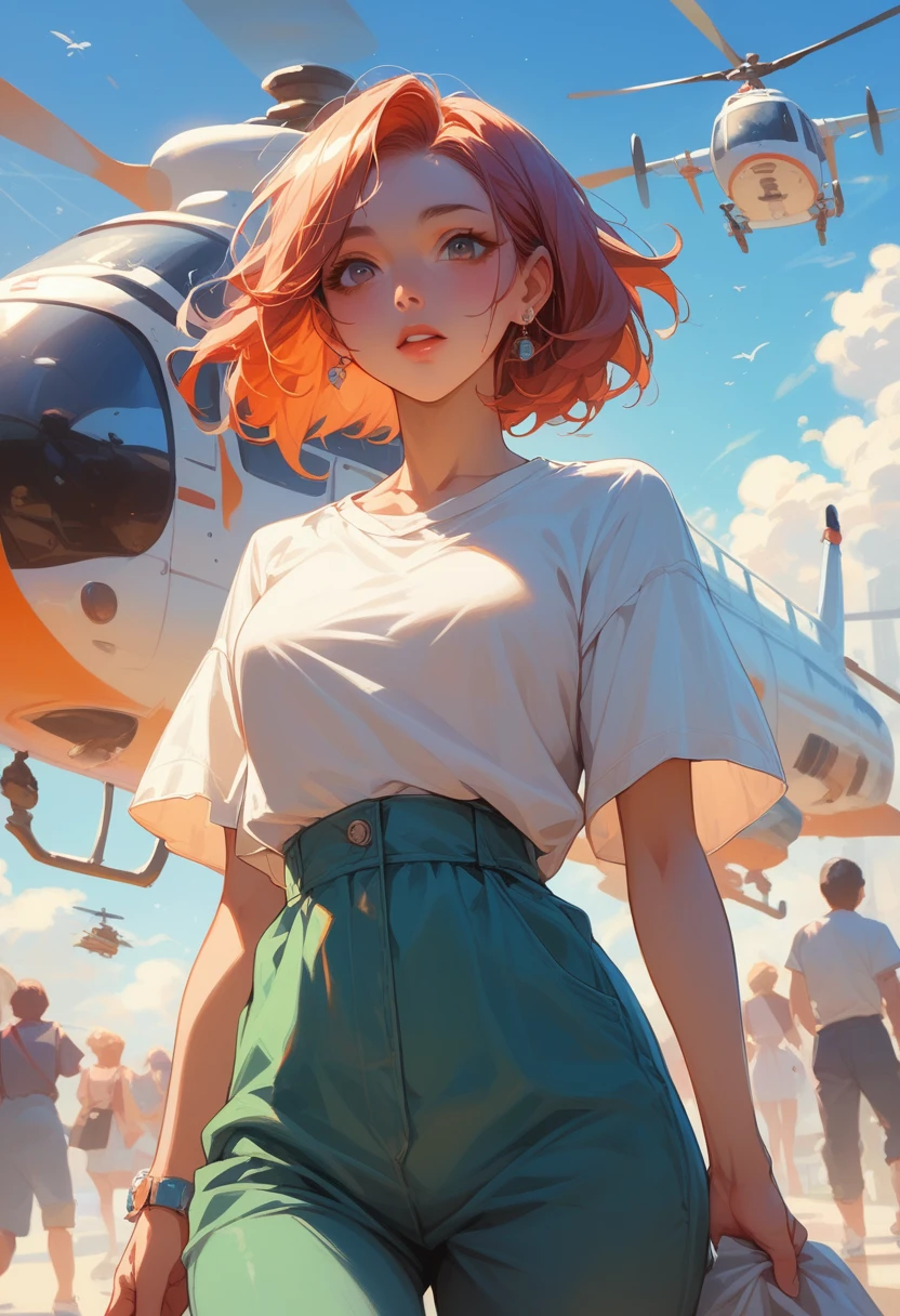 8K、Very detailed、Wear resort wear fashion、take a helicopter、woman