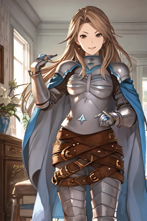 katalina (granblue fantasy), solo, 1girl, armor, gauntlets, belt, breastplate, shoulder armor, cape, cape covers, pauldrons, pants, room, smile, standing, best quality, masterpiece 