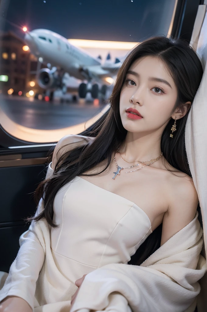 (((best quality))),(((ultra detailed))),(((masterpiece))),illustration,(a beautiful girl,female passenger,solo),(parted red lips),((slim,thin,small breasts,flat chest)),((earrings,crystal necklace)),(slender legs:1.2),(spread legs apart:1.3),summer night,((in airplane,economy class,indoor)),(blanket over shoulders:1.3),((dress)),(shoulder length straight bob hair:1.2),stars,moonlight,smooth flight,engine sound,lullaby,relaxed,excited,laughing,visiting family,comfortable seats,soft fabric,headrests,adjustable,beauty of night sky,dimmed lights,sleeping passengers,movies,personal screens,staying awake,magic of sky,joy of being with family,memorable journey,adventures,(surrounded by crowded crowds:1.3),(Outside the window is high-altitude night view:1.2),((from front,upper body))