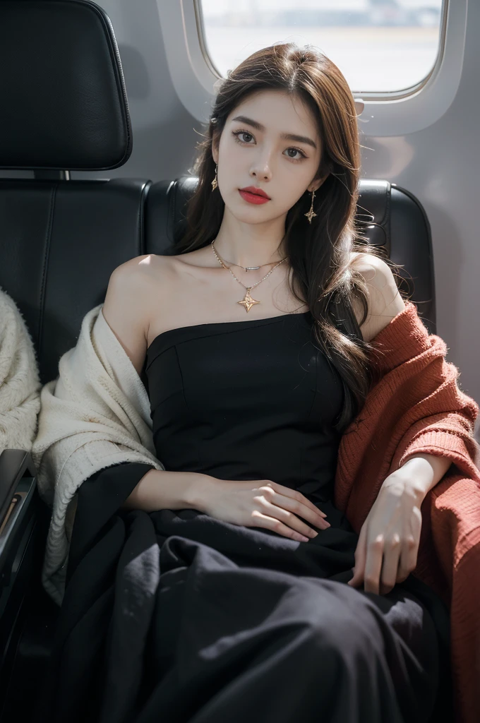 (((best quality))),(((ultra detailed))),(((masterpiece))),illustration,(a beautiful girl,female passenger,solo),(parted red lips),((slim,thin,small breasts,flat chest)),((earrings,crystal necklace)),(slender legs:1.2),(spread legs apart:1.3),summer night,((in airplane,economy class,indoor)),(blanket over shoulders:1.3),((dress)),(shoulder length straight bob hair:1.2),stars,moonlight,smooth flight,engine sound,lullaby,relaxed,excited,laughing,visiting family,comfortable seats,soft fabric,headrests,adjustable,beauty of night sky,dimmed lights,sleeping passengers,movies,personal screens,staying awake,magic of sky,joy of being with family,memorable journey,adventures,(surrounded by crowded crowds:1.3),(Outside the window is high-altitude night view:1.2),((from front,upper body))