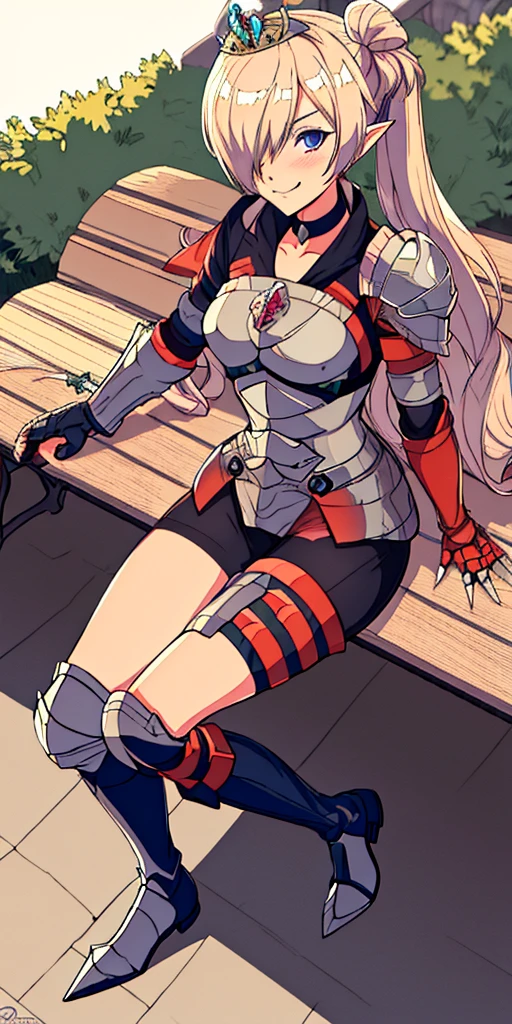 Shez, hair over one eye, choker, full body sitting on a bench showing ass to me, BLUE breastplate looking at viewer, shiny, armor, thigh highs, high boots, pauldrons shoulder armor, faulds, poleyn, gloves, gauntlets, rerebrace armored boots, (masterpiece, best quality, ultra-detailed, best shadow) yordle pointy ears muscular lean platinum blonde long twin-tails hairstyle at the office lustful smirking smile face red blushed, blush, strong abs, female body builder, tiara, twin drills hair