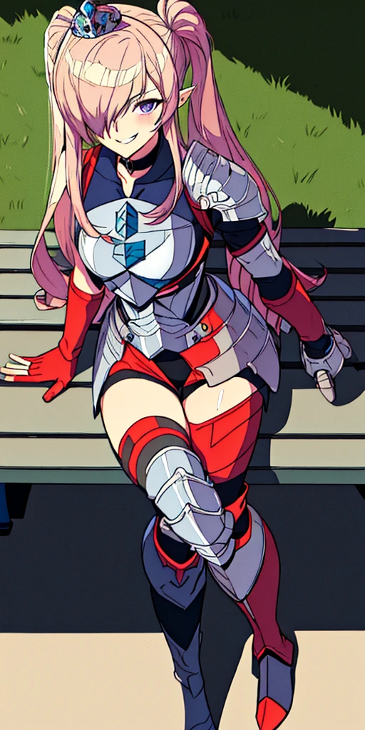 Shez, hair over one eye, choker, full body sitting on a bench showing ass to me, BLUE breastplate looking at viewer, shiny, armor, thigh highs, high boots, pauldrons shoulder armor, faulds, poleyn, gloves, gauntlets, rerebrace armored boots, (masterpiece, best quality, ultra-detailed, best shadow) yordle pointy ears muscular lean platinum blonde long twin-tails hairstyle at the office lustful smirking smile face red blushed, blush, strong abs, female body builder, tiara, twin drills hair