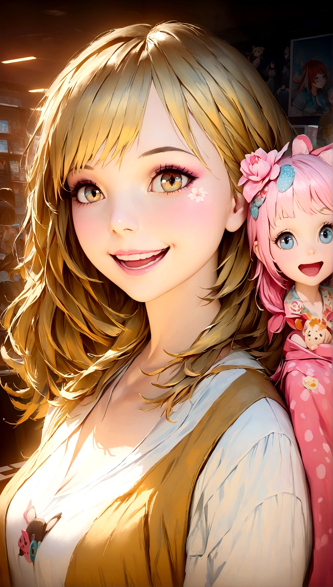 8K portrait of a beautiful young woman in a J-POP style with a big smile, enjoying discovering new manga at an internet café, extremely detailed, high quality, ultra-high resolution, photorealistic, masterpiece, cinematic composition, trending on ArtStation