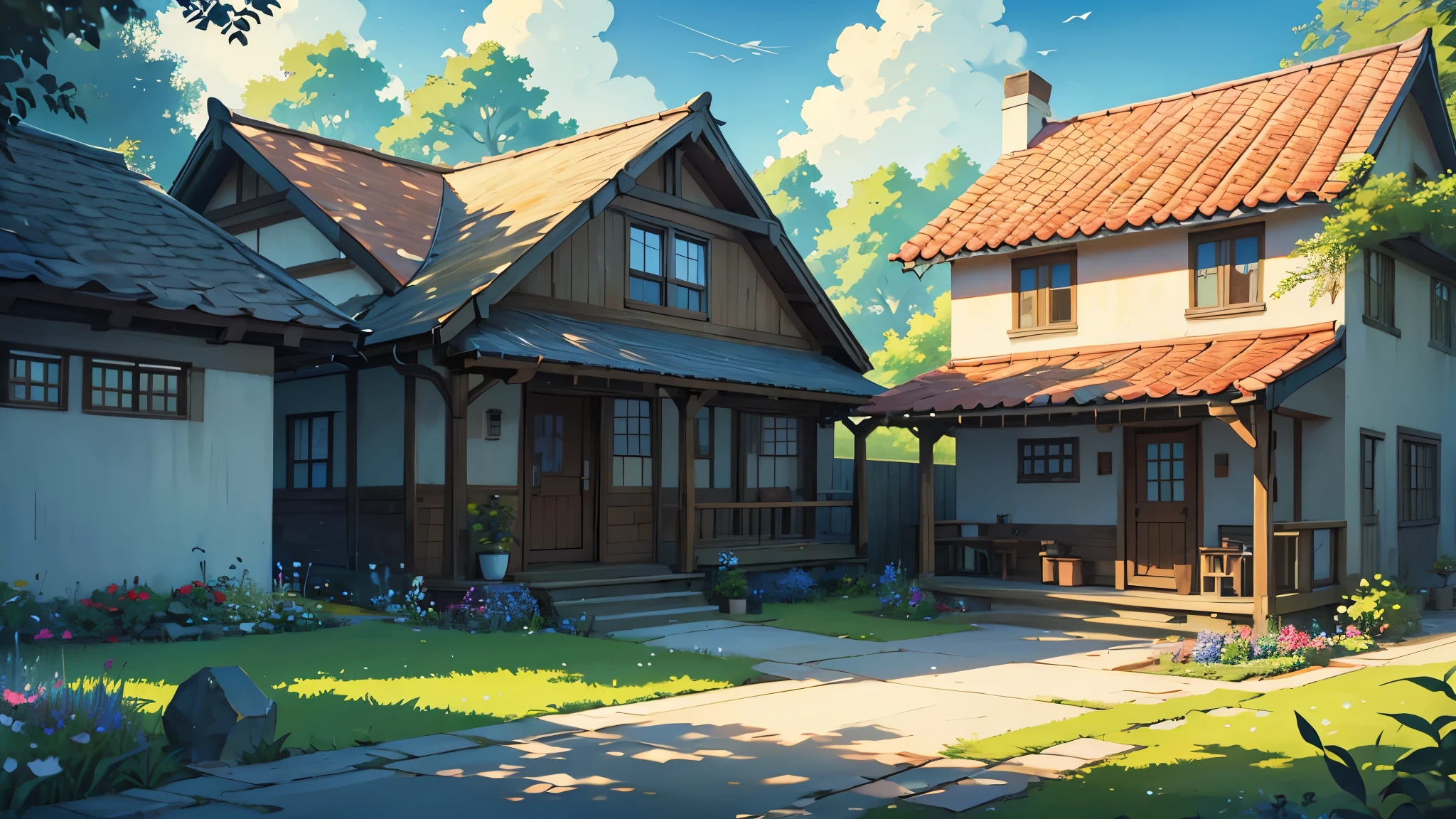 Create a high-quality anime-style image of a serene rural scene. The setting is a peaceful village with a sunny, clear blue sky adorned with fluffy white clouds. The foreground features a quaint yard with a yellow vintage Volkswagen van parked on a stone-paved driveway. The van is well-maintained, and its vibrant color contrasts beautifully with the green surroundings.
The yard is lush with greenery, including tall trees, bushes, and vibrant flowers, adding a touch of life and color to the scene. The red-tiled roofs of nearby houses peek through the foliage, giving a cozy and homely feel. Include details like a wooden fence, a small garden with various plants, and a few birds flying in the sky to enhance the tranquil atmosphere.
Ensure the overall mood of the image is calm and nostalgic, capturing the simplicity and beauty of rural life. Pay attention to the interplay of light and shadow, making the colors pop and adding depth to the scene.