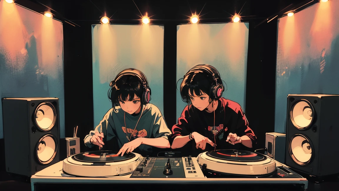 DMC, DMC World DJ Championships, DJ Girl, クールなヘッドセットをつけたHIPHOPファッションのDJ Girl,Front view , Two large LED-illuminated speakers on each side, Immerse yourself in a neon-lit environment, In front of her is a music mixer and a turntable.、A record is placed on the turntable,Two turntables and a mixer from Technics,