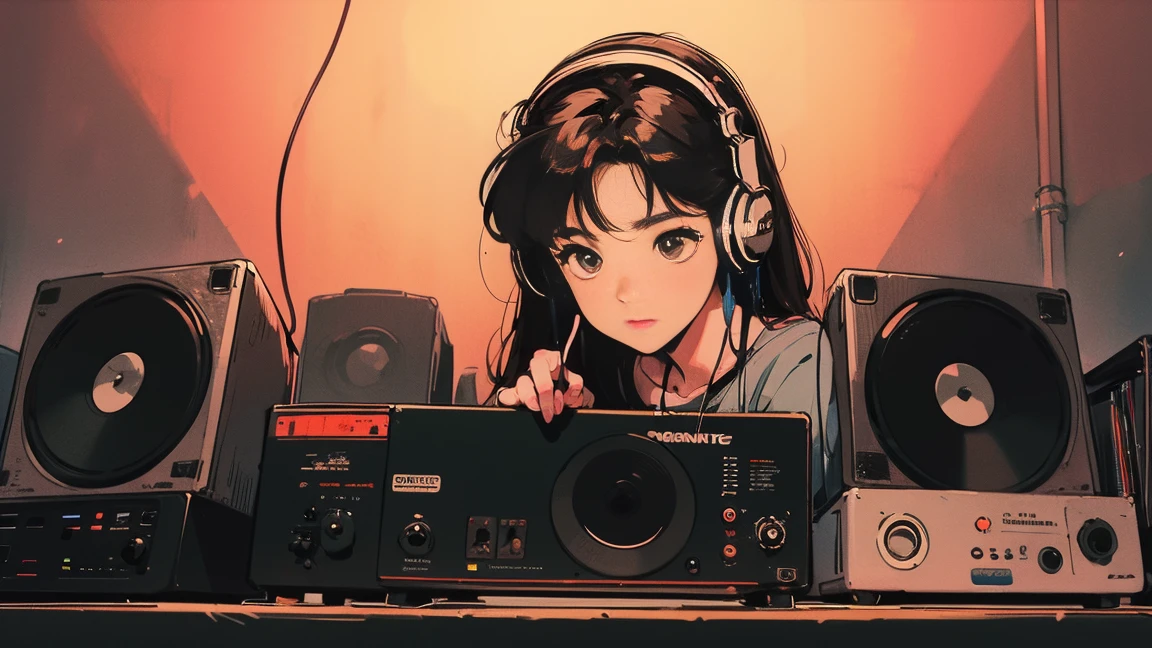 DMC, DMC World DJ Championships, DJ Girl, クールなヘッドセットをつけたHIPHOPファッションのDJ Girl,Front view , Two large LED-illuminated speakers on each side, Immerse yourself in a neon-lit environment, In front of her is a music mixer and a turntable.、A record is placed on the turntable,Two turntables and a mixer from Technics,