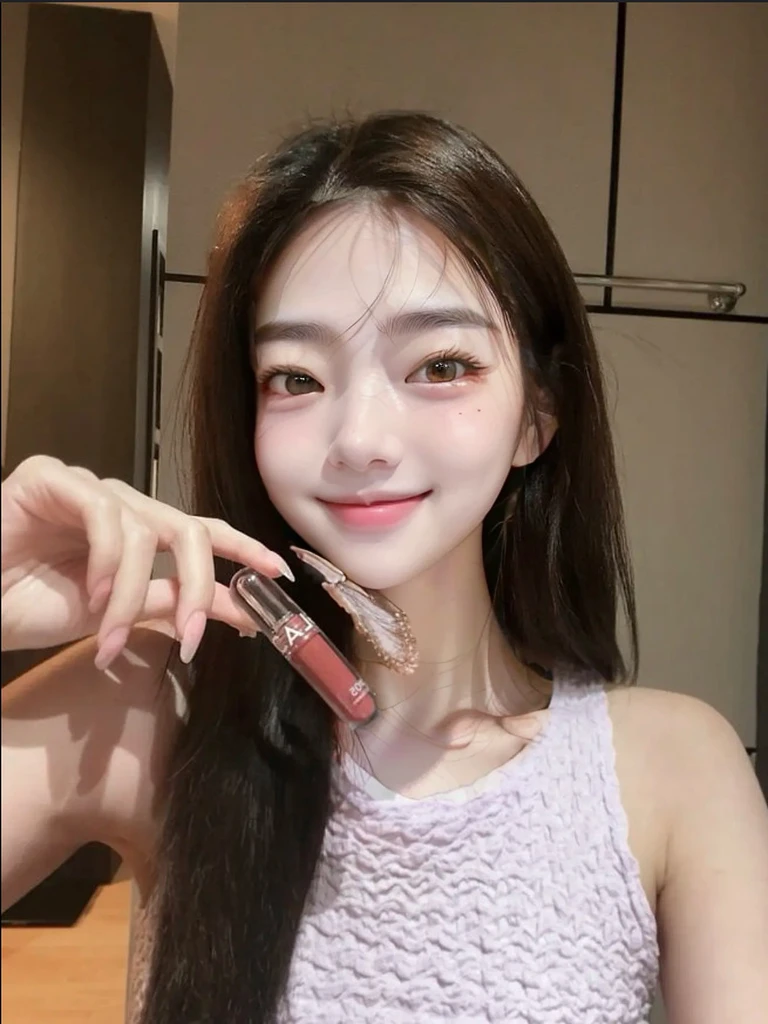 raw photo,1 woman, 18 yo, no makeup, inner eye look to the left , inner eye leftward glance, look away, bright Under-eye bags, thin Under-eye bags, fat-free Under-eye bags, dolly eyes, Contented closed-mouth smile, Genuine smile