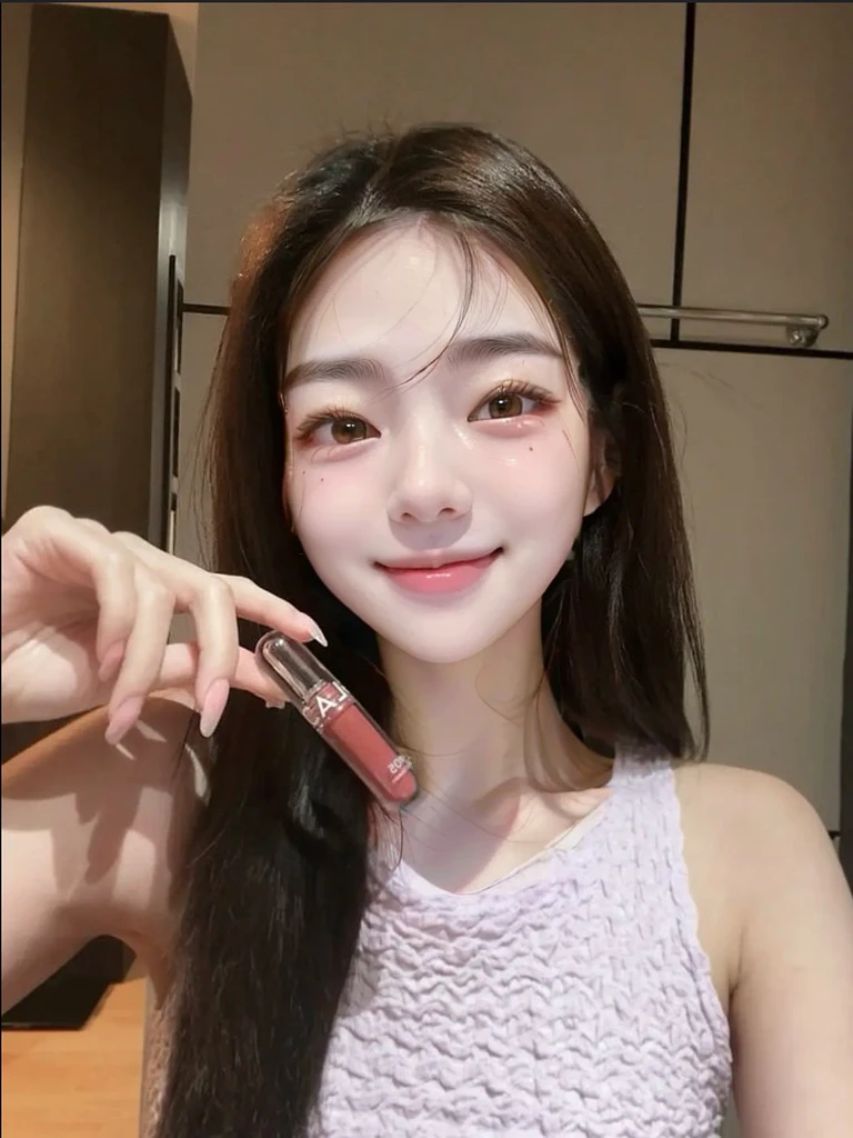 raw photo,1 woman, 18 yo, no makeup, inner eye look to the left , inner eye leftward glance, look away, bright Under-eye bags, thin Under-eye bags, fat-free Under-eye bags, dolly eyes, Contented closed-mouth smile, Genuine smile