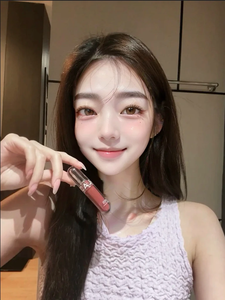 raw photo,1 woman, 18 yo, no makeup, inner eye look to the left , inner eye leftward glance, look away, bright Under-eye bags, thin Under-eye bags, fat-free Under-eye bags, dolly eyes, Contented closed-mouth smile, Genuine smile