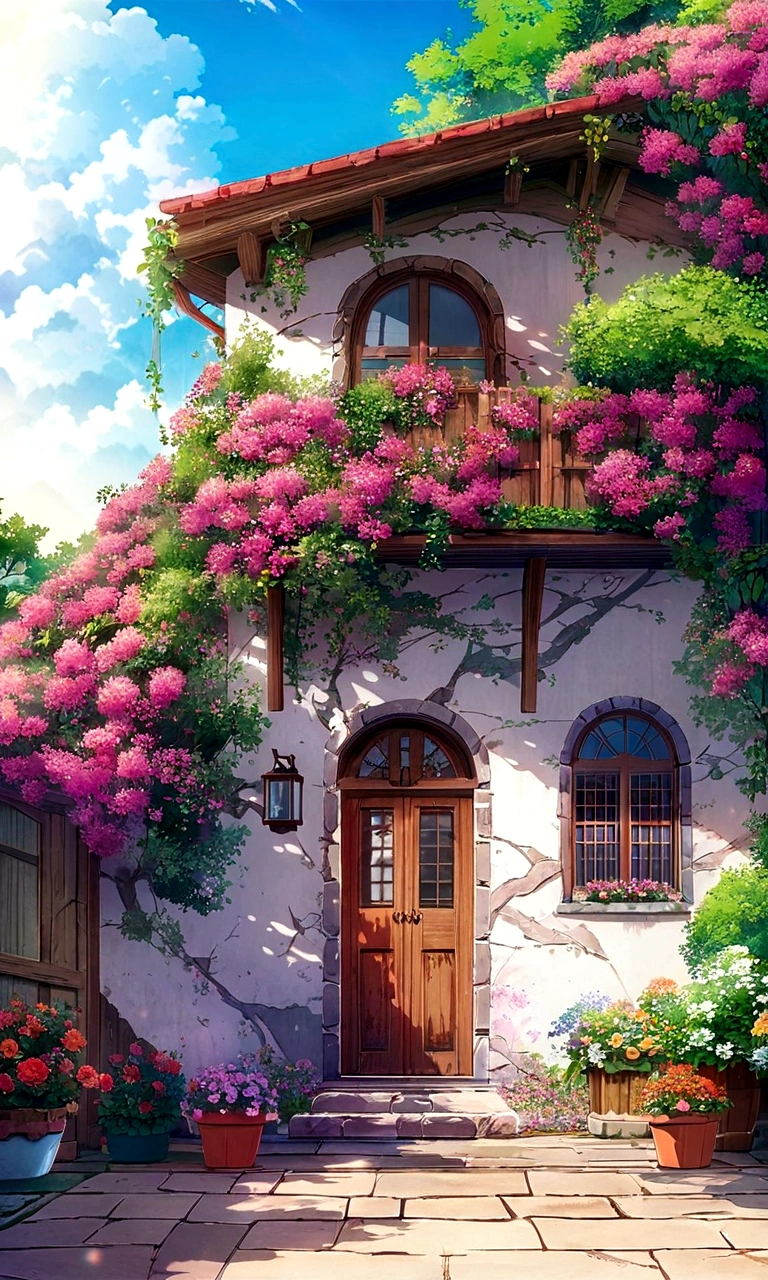 anime house with flowers and a door and windows, anime background art, beatiful house, beautiful anime scenery, beautiful wallpaper, beautiful anime scene, house background, flowery cottage, lush flowery outdoors, anime beautiful peace scene, beautiful aesthetic, amazing wallpaper, colorful anime movie background, beautiful digital artwork, anime nature wallpap, beautiful art uhd 4 k