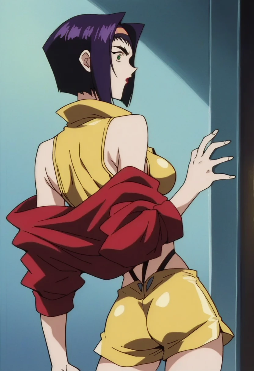 core_9, score_8_up, score_7_up, score_6_up, score_5_up, score_4_up,source_anime, indoors in a palace, looking back, surprised expression, fay3val3nt1n3, 1girl, purple hair, short hair, lipstick, green eyes, solo, yellow hairband, yellow crop top, red jacket, off shoulder, bare shoulders, yellow shorts