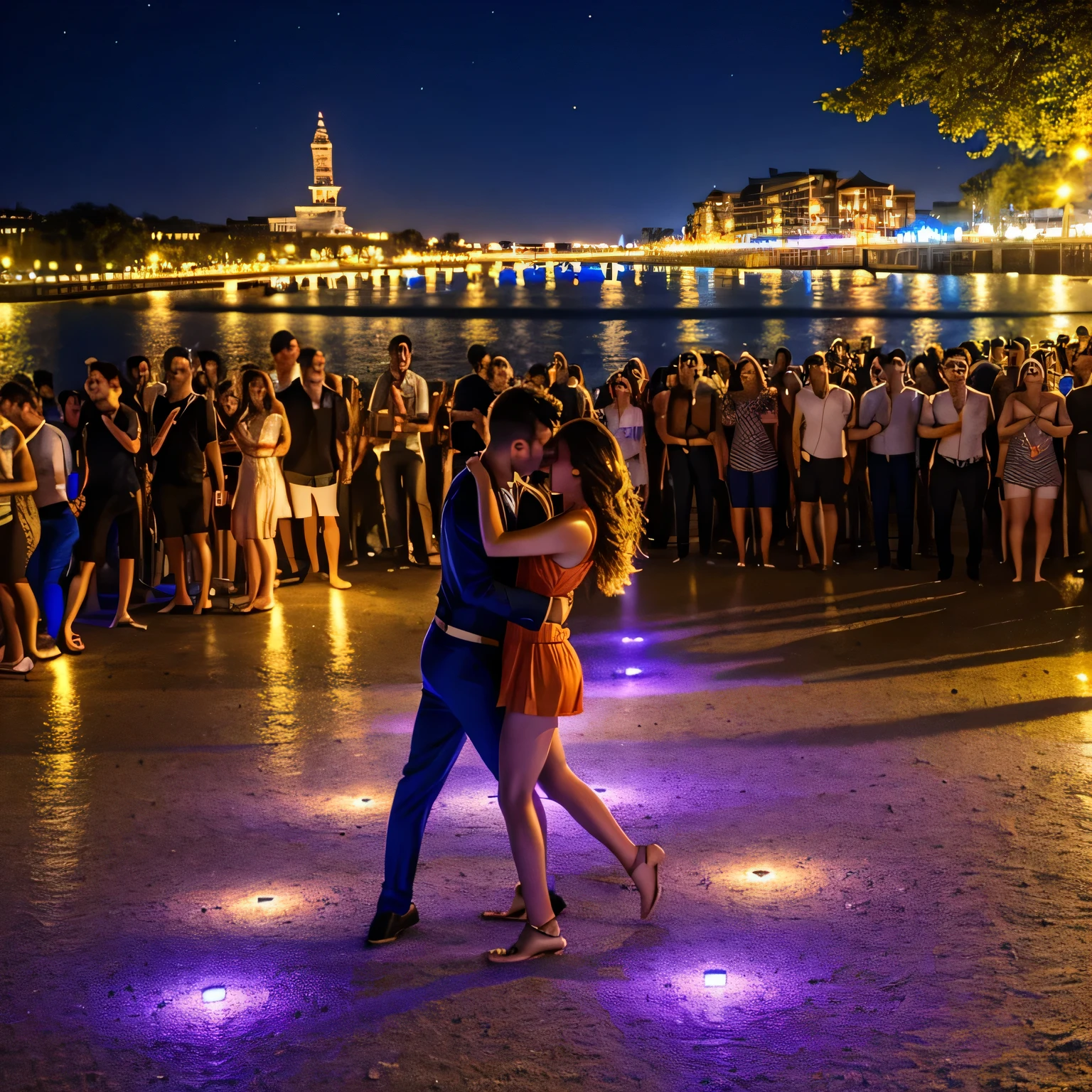 masterpiece, Best quality, ultra-realistic image, Embankment, party, women and men, beach, night, everyone is dressed in bright summer clothes. Party lights, music, ((dancing)), fun, many people, все танцуют на beachе, хороводы на beachе, lots of light from bulbs
