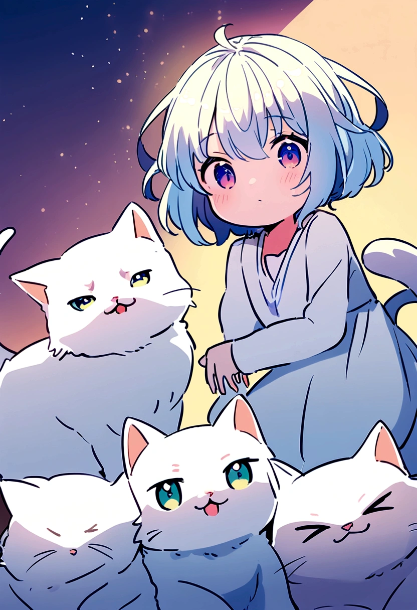 3 white cats playing, gazing at viewer，cute illustration