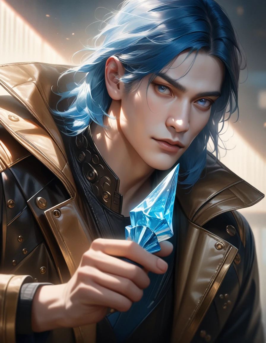 a handsome young man with sky blue hair, wearing a black and gold jacket, holding a glowing blue ice spike in his left hand, in a half-bent pose, with a cool and intense gaze, and deep blue eyes, (best quality, masterpiece:1.2), ultra-detailed, (realistic, photo-realistic:1.37), portrait, dramatic colors, intricate details, highly realistic, Japanese popular anime style, 2024, aesthetics, style, photorealistic, cinematic lighting, drop shadow, 4k, 8k, highres, UHD, masterpiece, high quality, best quality, 4K, highres, high details, accurate