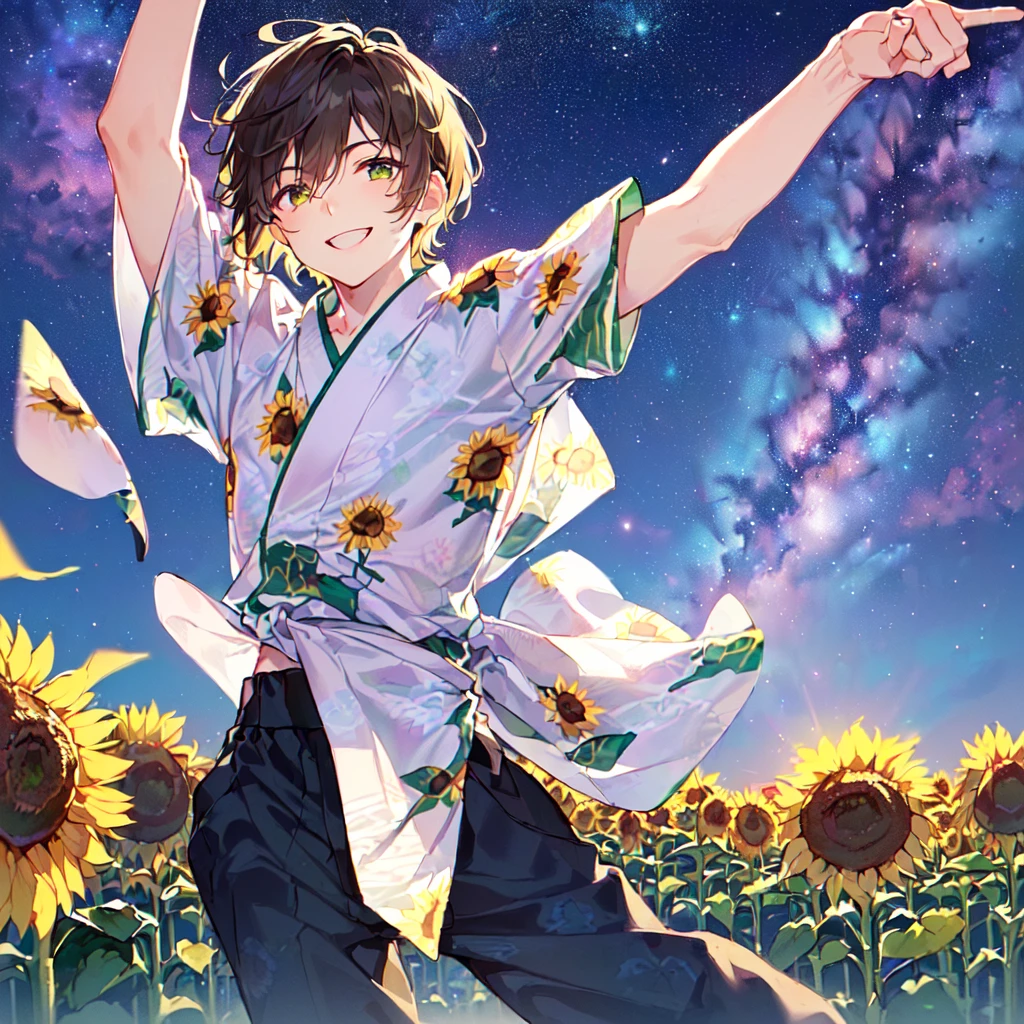 masterpiece,best quality,high quality,(1 male austere handsome solo adult age 30 years old:1.5), purple eyes, cool with suspended eyes, V-shaped eyebrows, body strong and fearless 8.5 head tall, height 185cm, (well-groomed black short hair down to neck:1.4), (bangs 7 thirds parted:1.4), slender nose, facial muscles, throat, (tee shirt with sunflower print summer fashion pants:1.3), (arms outstretched), (stylish pose), (cool smile:1.3), (background sunflower flower field:1.3), (night sky:1.3)