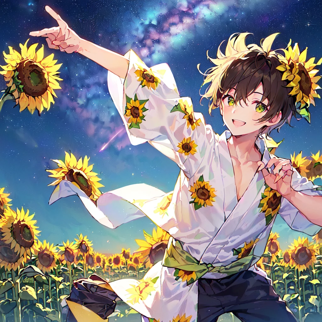 masterpiece, best quality, high quality, extremely detailed, (1 male age 30, solo: 1.5), (short short hair up to neck, bangs up to eyes: 1.5), (hair color brown), (eyes yellowish green: 1.3), 8 head tall, slender nose, expression (yukata short sleeve sunflower print in summer with pants: 1.3), (running), (dynamic pose), (smiling: 1.3), (background sunflower field: 1.3), (Milky Way Night Sky:1.3)