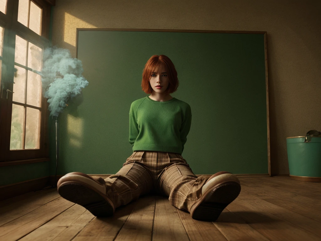 (YES SFW), Irish redhead woman with short bob haircut taking a selfie in the mirror wearing naughty beige trousers and green sweater. Visible mirror. Many details in the mirrored room such as forniture, lamps, tends, window, bed, shoes. [The character is surrounded by mist, evoking a mysterious and eerie atmosphere. The lighting is dark and atmospheric, with a red smoke adding a touch of sinister ambiance. The image is of the best quality, with a resolution of 4k and HDR enhancement, showcasing the utmost level of detail and realism, sfw, full body shot.]. [8K, Best Quality, Masterpiece, Ultra High Resolution, (highly detailed CG unity 8k wallpaper), (best photo), (best shadows), isometric 3D, octane rendering, ray tracing, highly detailed, (Best quality, 4K, 8k, A high resolution, masterpiece:1.2), absurdity, masterpiece, ultra detailed, (realistic, photorealistic, photorealistic:1.37), complex parts, HDR, (complex parts:1.12), (hyper detailed, hyper realistic, Soft lighting, spicy:1.2), (complex parts, Hyper detailed:1.15). Blurred foreground. (backlit), realistic, masterpiece, high quality, brightness, chromatic aberration, 8k uhd, some smoke, shadows, contrast, clear sky, (warm hue, warm tone), high details, natural reflections]. 