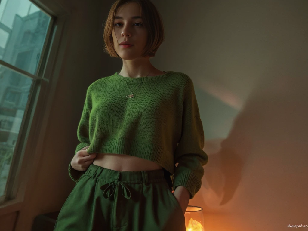 (YES SFW), Irish redhead woman with short bob haircut taking a selfie in the mirror wearing naughty beige trousers and green sweater. Visible mirror. Many details in the mirrored room such as forniture, lamps, tends, window, bed, shoes. [The character is surrounded by mist, evoking a mysterious and eerie atmosphere. The lighting is dark and atmospheric, with a red smoke adding a touch of sinister ambiance. The image is of the best quality, with a resolution of 4k and HDR enhancement, showcasing the utmost level of detail and realism, sfw, full body shot.]. [8K, Best Quality, Masterpiece, Ultra High Resolution, (highly detailed CG unity 8k wallpaper), (best photo), (best shadows), isometric 3D, octane rendering, ray tracing, highly detailed, (Best quality, 4K, 8k, A high resolution, masterpiece:1.2), absurdity, masterpiece, ultra detailed, (realistic, photorealistic, photorealistic:1.37), complex parts, HDR, (complex parts:1.12), (hyper detailed, hyper realistic, Soft lighting, spicy:1.2), (complex parts, Hyper detailed:1.15). Blurred foreground. (backlit), realistic, masterpiece, high quality, brightness, chromatic aberration, 8k uhd, some smoke, shadows, contrast, clear sky, (warm hue, warm tone), high details, natural reflections]. 