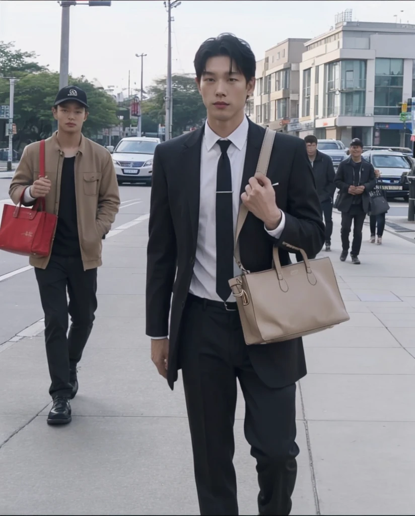man, Walking with a bag in hand, paparazzi footage, video screenshot, Low quality