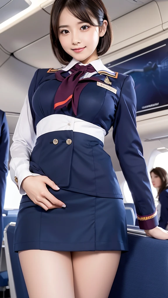 Highest quality, masterpiece, 8K, Ultra-high resolution, (Photorealistic:1.4), One Girl、Beautiful Face、Symmetrical eyes、huge 、Perfect Body Proportions、Stewardess Uniform、Look at the viewers、(Inside the plane:1.2)、View from the front、shoulder、Absolute area(1.3)、Laughter Sexy uniform ((Amazing super short micro mini skirt)) ((The shortest and ultimate micro mini skirt:1.3)) ((Micro mini skirt for sex))(huge tits) (((Stewardess invites you to sex:1.3)))((Lift up your skirt and show me your panties))((Stewardess sex:1.3)) ((No pants))