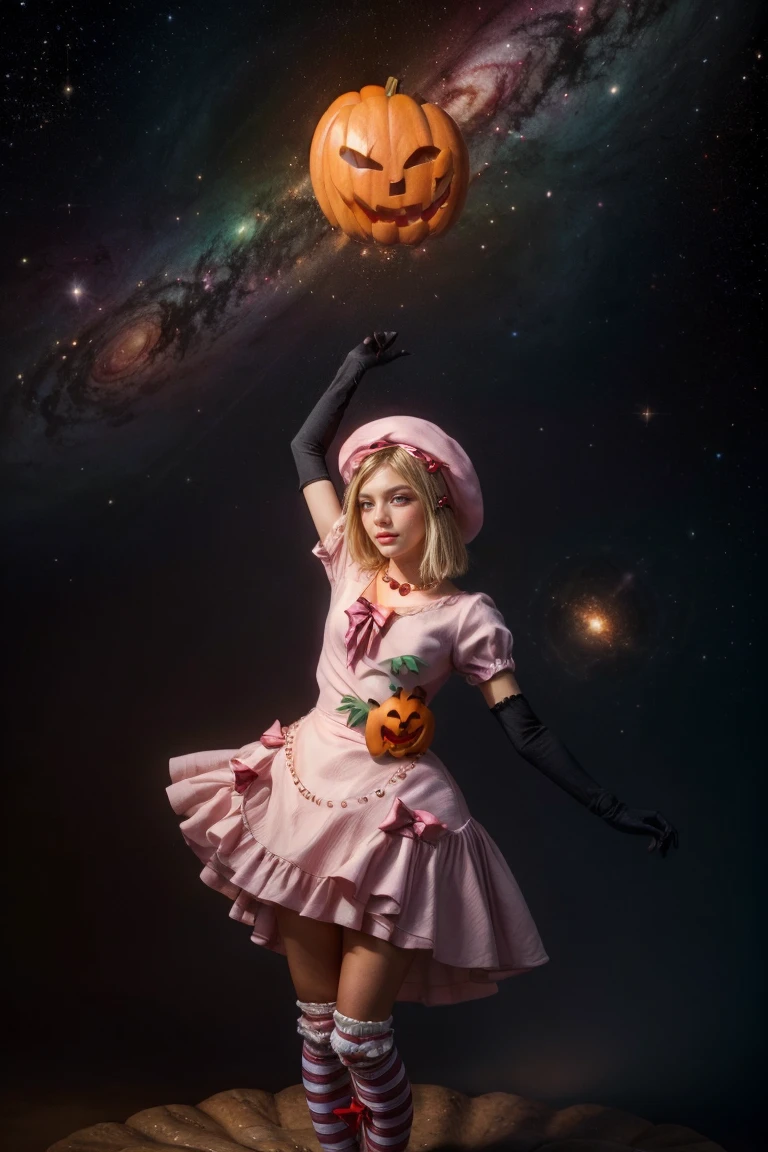 (1 lady), The beautiful, (Best quality at best:1.4), (ultra - detailed), (extremely detailed CG unified 16k), gold blonde hair, very detailed, High-definition RAW color photo, professional photoshooting, amazing face and eyes, cosmetics, (amazingly beautiful girl), ((lambdadelta, taller, tall woman)), ((dress, shoes bow, red shoes, striped stockings, red bow, pink hat, necklace, gloves, pearl, pumpkin brooch, pink dress)), levitating in a cute posture (floating in the air), (She's levitating in a cosmic sea, outer space:1.3, quantum hyperspace room lacking walls, hyperspace chamber, extremely detailed background, a lot of details background, realistic background), (look from above), realistic cinematic face, head to feet long wide zoomed out view, full body long view, photorealistic, ((realistic natural blonde hair style, red eyes)), gorgeous, extremely beautiful face, perfect model beauty, pout mouth, Highly Detailed Face and Skin Texture, Detailed Eyes, Double Eyelids, Big Breasts, Persistent Stare, Faith Trance, (mystical stare, looking eternity), (masterpiece), best quality, high resolution, depth of field, cinematic lighting, amazing legs, pink combat boots, clear and well-cared skin