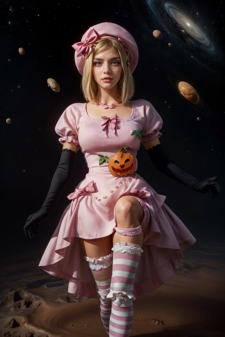 (1 lady), The beautiful, (Best quality at best:1.4), (ultra - detailed), (extremely detailed CG unified 16k), gold blonde hair, very detailed, High-definition RAW color photo, professional photoshooting, amazing face and eyes, cosmetics, (amazingly beautiful girl), ((lambdadelta, taller, tall woman)), ((dress, shoes bow, red shoes, striped stockings, red bow, pink hat, necklace, gloves, pearl, pumpkin brooch, pink dress)), (levitating in a cute posture, floating in the space), (She's levitating in a cosmic sea, outer space, quantum hyperspace room lacking walls, hyperspace chamber, extremely detailed background, a lot of details background, realistic background, universe, stars, quasar), (photo from above), realistic cinematic face, head to feet long wide zoomed out view, full body long view, photorealistic, ((realistic natural blonde hair style, red eyes)), gorgeous, extremely beautiful face, perfect model beauty, flirting smile, (mystical stare, looking eternity), (masterpiece), best quality, high resolution, depth of field, cinematic lighting, amazing legs, high heels, clear and well-cared skin