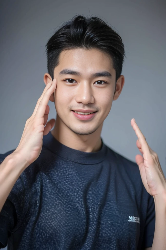((Highest quality, 8K, Masterpiece: 1.3))、Thailand Laos Burma Asia, Thai man, A handsome Asian rugby player with short hair, a muscular beard, and big muscles., 1A man who has、 yo、Good appearance、Beautiful nose、smile、 Detailed eyes and face、beautiful light、(studio)、high resolution、(Look at the viewer.)、Fine mouth、smile、whole body: 1.5, perfect shape: 1.3, Picture of both shoulders:1.3, Navy blue round neck t-shirt:1.5