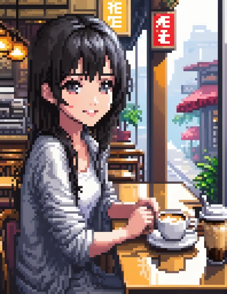 (masterpiece, Highest quality, Highest quality), pixel,pixel art,Cafe、Girl drinking coffee、smile、Black Hair