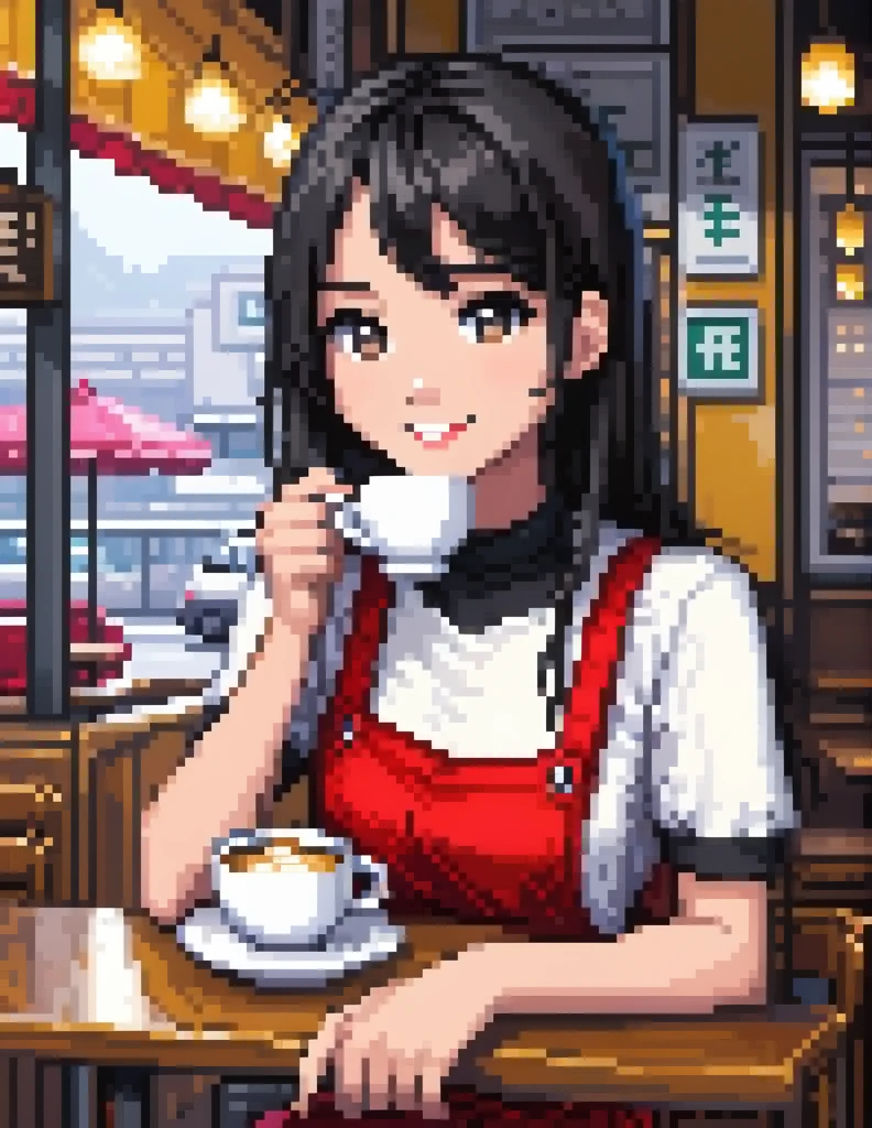 (masterpiece, Highest quality, Highest quality), pixel,pixel art,Cafe、Girl drinking coffee、smile、Black Hair