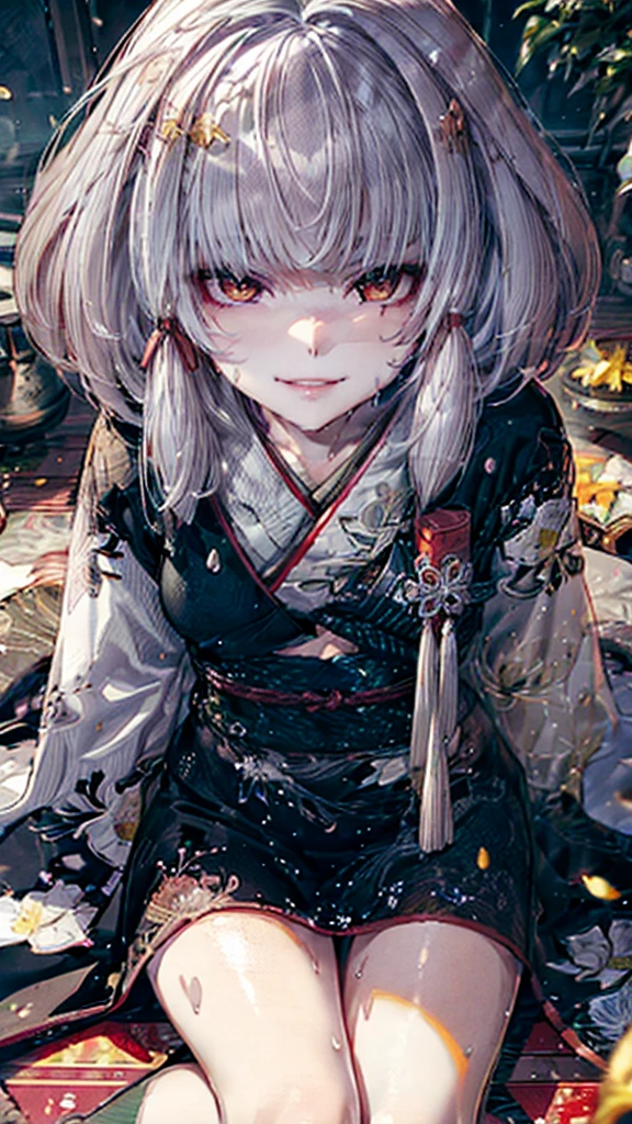 masterpiece, One girl, Shiragiku(FATAL FRAME: Maiden of Black Water), Highest quality, Beautiful attention to detail, Perfect Face, Beautifully detailed face, View your viewers, Sigma 400mm f1.8, Photo fine print, Incredibly sharp focus, Super detailed, Yellow Eyes, Long Hair, Gray Hair, Tight Micro Dress, Large areola, Grin, smile, Tempting, Sweaty, Sexy lips, front, Sit and open your legs, Blowjob gestures, Small breasts,