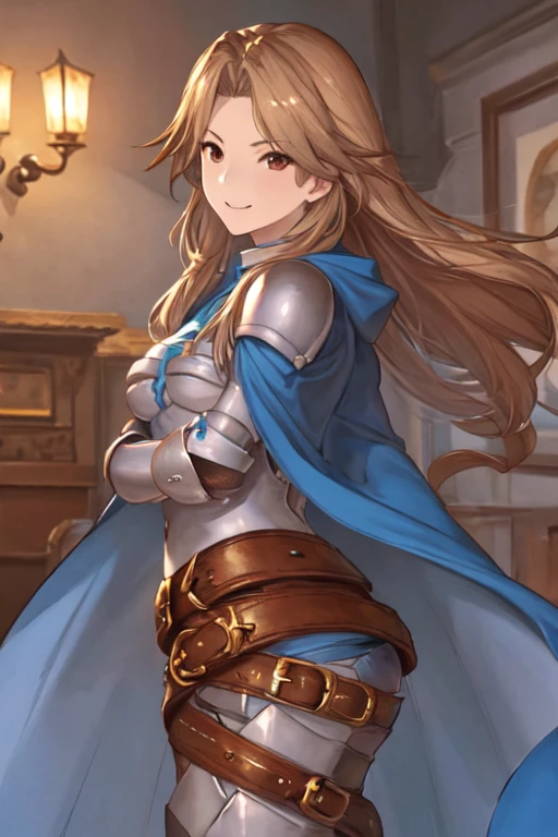 katalina (granblue fantasy), solo, 1girl, armor, gauntlets, belt, breastplate, shoulder armor, cape, cape covers arms, pauldrons, pants, room, butt cape, smile, standing, best quality, masterpiece 