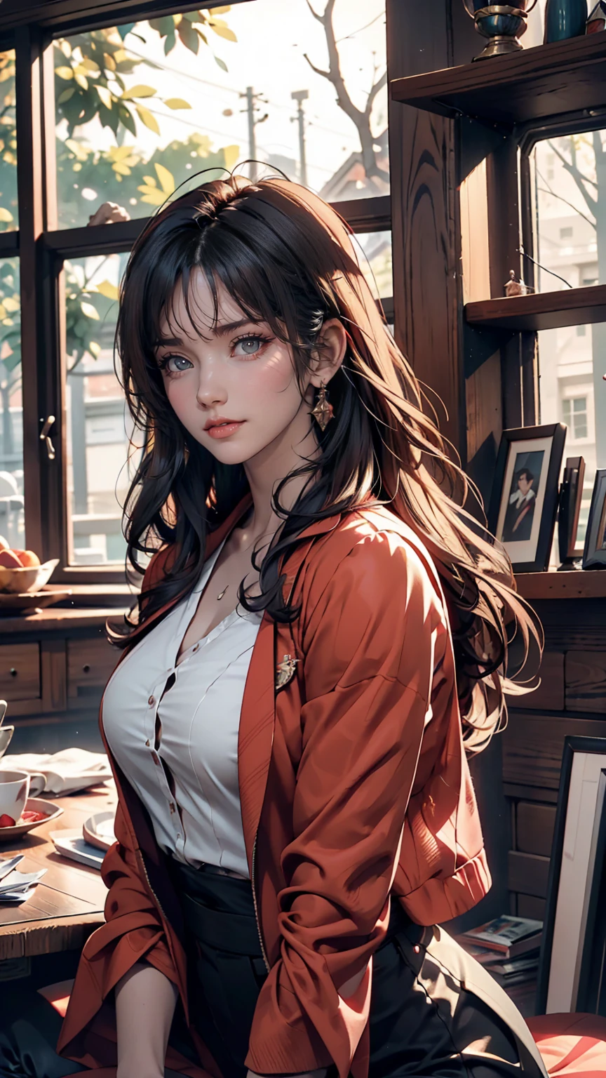 Arabic style image of a girl in red and blue outfit looking out the window, Vojtek Fuss, Lostrun 8k, cgsociety 8 k, cgsociety 8k, cgsociety 8k, Realistic Anime 3D Style, Artjam and Athi Gairan, Ilya Kuvshinov. 4k yen, Movie CG Association, cgsociety Inspiration