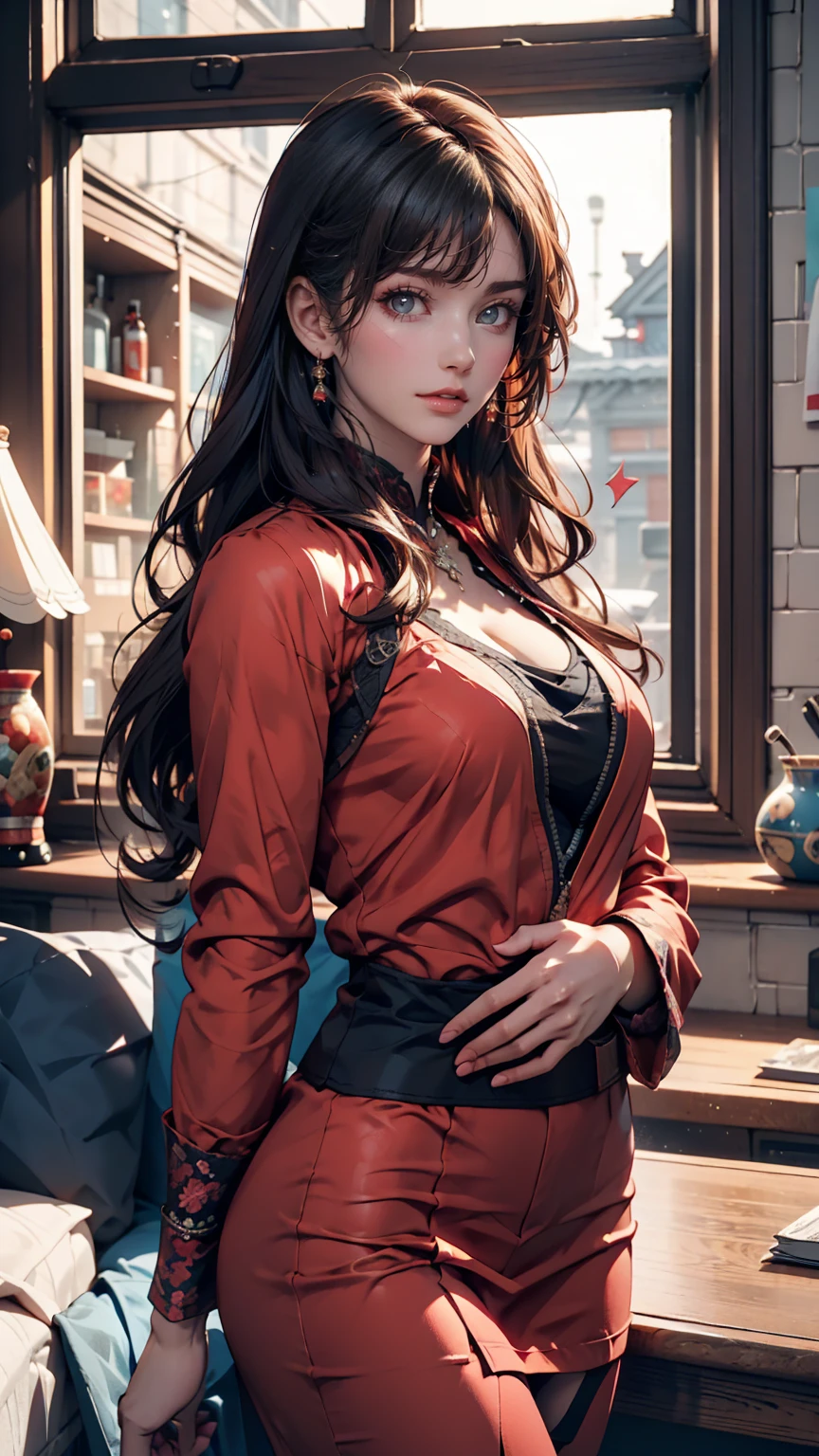 Arabic style image of a girl in red and blue outfit looking out the window, Vojtek Fuss, Lostrun 8k, cgsociety 8 k, cgsociety 8k, cgsociety 8k, Realistic Anime 3D Style, Artjam and Athi Gairan, Ilya Kuvshinov. 4k yen, Movie CG Association, cgsociety Inspiration