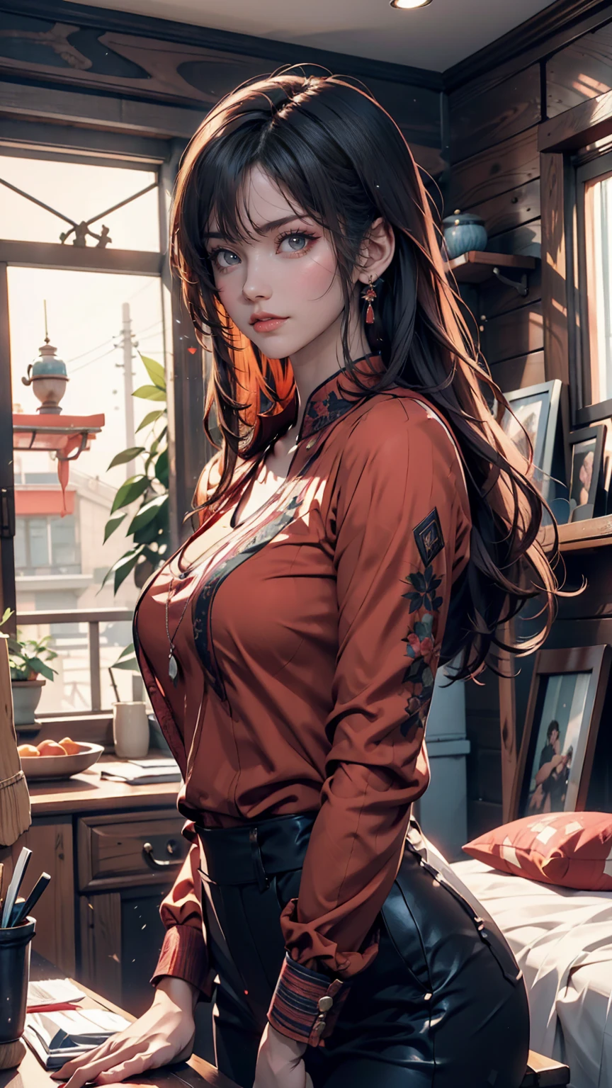 Arabic style image of a girl in red and blue outfit looking out the window, Vojtek Fuss, Lostrun 8k, cgsociety 8 k, cgsociety 8k, cgsociety 8k, Realistic Anime 3D Style, Artjam and Athi Gairan, Ilya Kuvshinov. 4k yen, Movie CG Association, cgsociety Inspiration