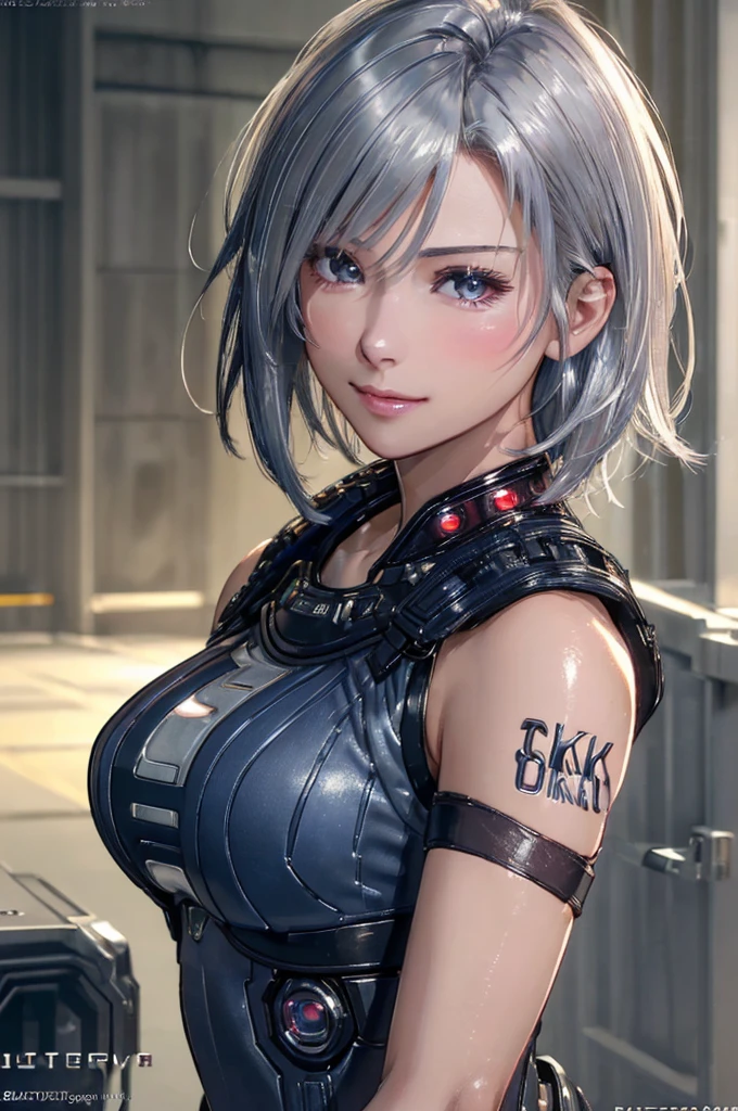 (8k, photorealistic, RAW photo, top quality: 1.4), (1girl), super beautiful, (realistic face), (boyish, silver-colored berry short hair), beautiful cyberpunk suit, glares seducing viewer, beautiful expression, beautiful breasts, (realistic skin), beautiful smile, (soldier), attractive, ultra high resolution, ultra realistic, high definition, spoiled