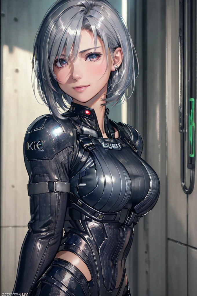 (8k, photorealistic, RAW photo, top quality: 1.4), (1girl), super beautiful, (realistic face), (boyish, silver-colored berry short hair), beautiful cyberpunk suit, glares seducing viewer, beautiful expression, beautiful breasts, (realistic skin), beautiful smile, (soldier), attractive, ultra high resolution, ultra realistic, high definition, spoiled