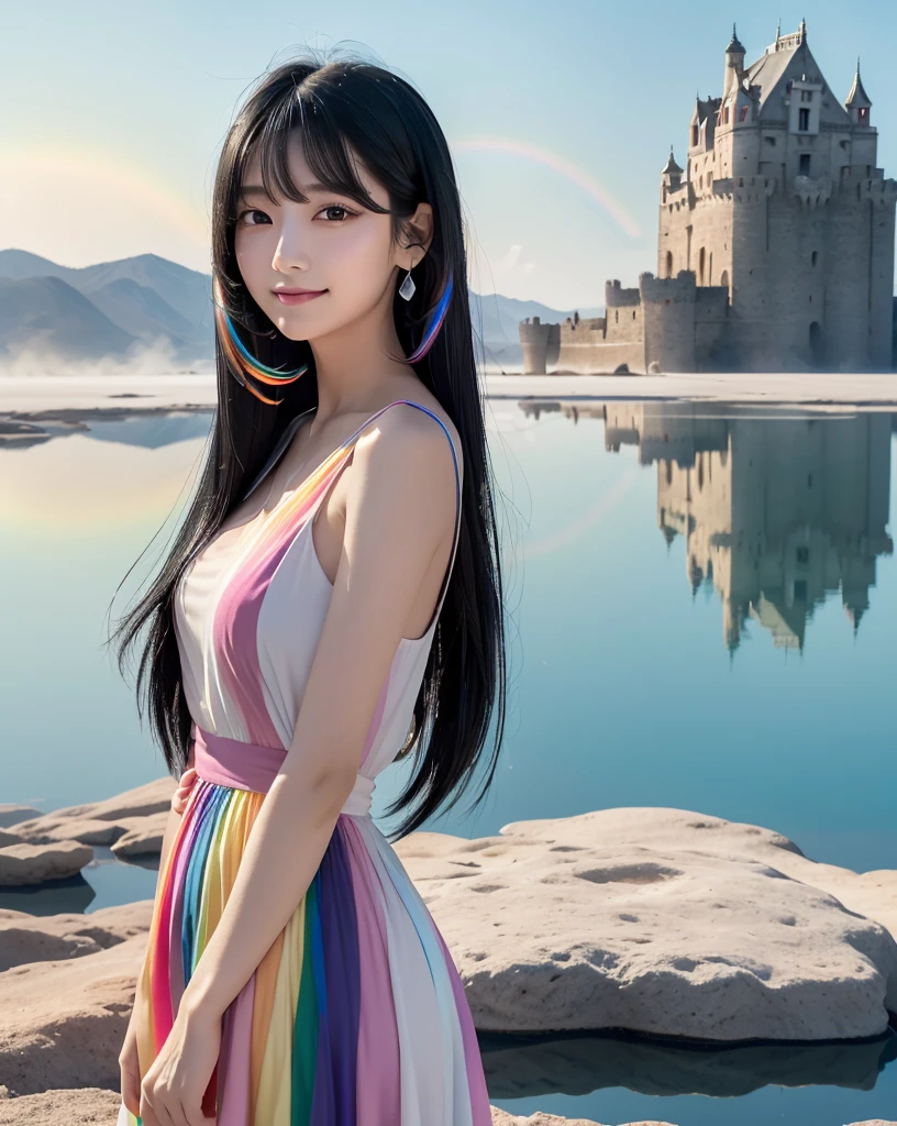 (Highest quality, 32k, High resolution, Masterpiece:1.5), marimo_jet, god々A photograph with brilliant dazzling and healing power., Evoking a sense of calm and elusive beauty, Expressing emotions, Have a rich imagination, Beautiful Japanese Girls, An exceptionally beautiful face, Small Face Beauty, , Perfect Human Anatomy, Magical big eyes, Motherhood and generosity, Deep Love, fleeting smile, ((Rainbow-colored black hair:1.3)), Super long hair swaying in the wind, Asymmetrical bangs, Hair between the eyes, Transparent, soft white skin, Sharp eyebrows, Thin lashes, ((Natural Makeup:1.3)), Red dress, High resolutionの完璧な鎖骨, High resolutionの美しい胸元, Slim figure with ample breasts, High resolutionの美しい太もも, ((An old castle appears hazy on the distant horizon:1.5)), ((Salar de Uyuni stretches to the horizon:1.3)), ((The water surface reflects the sky like a mirror:1.5)), Beautiful detailed blue sky, Professional photographer, Professional Lighting, Professional models, god秘的