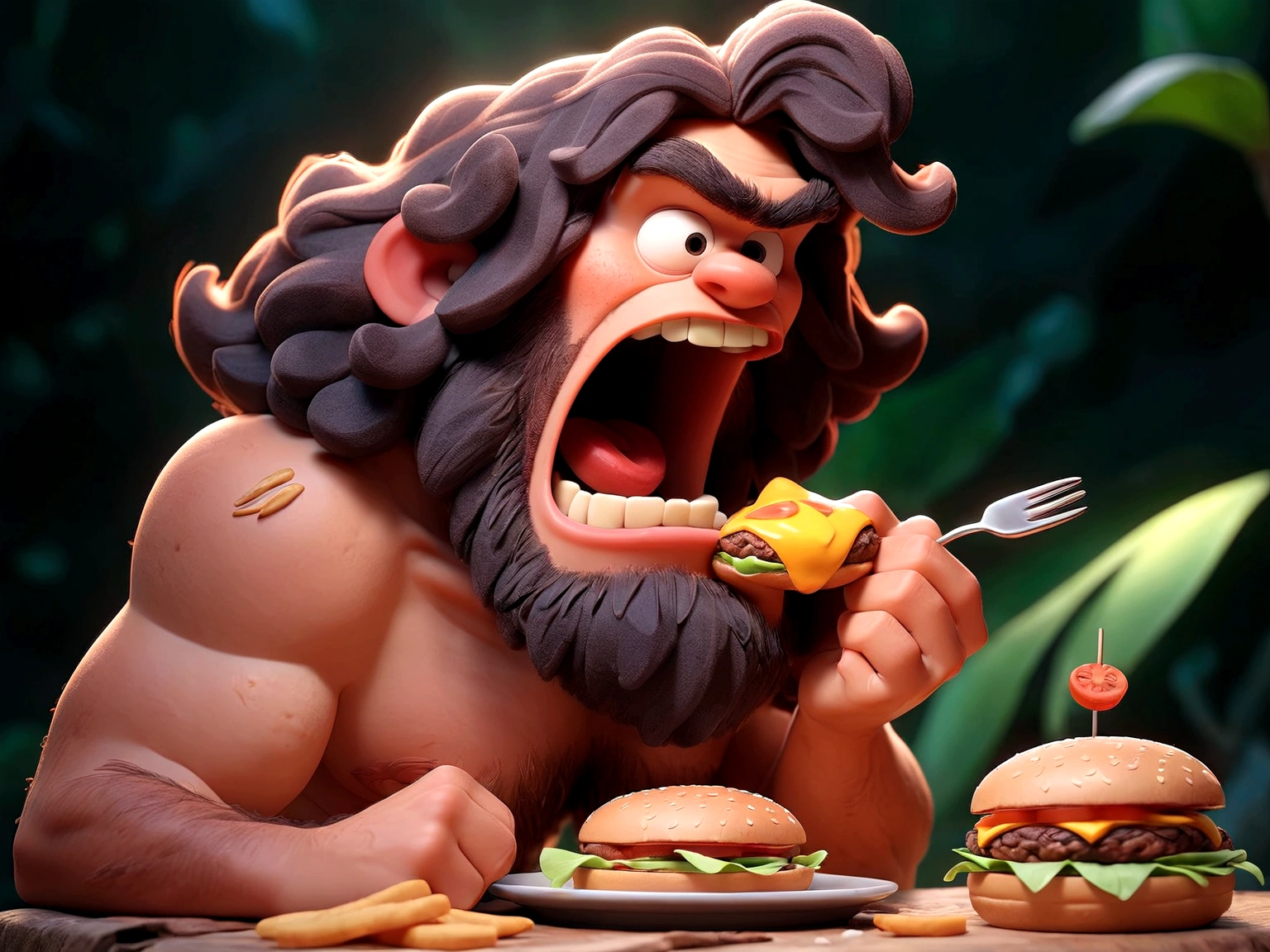 disney pixar style caveman , eating a burger 