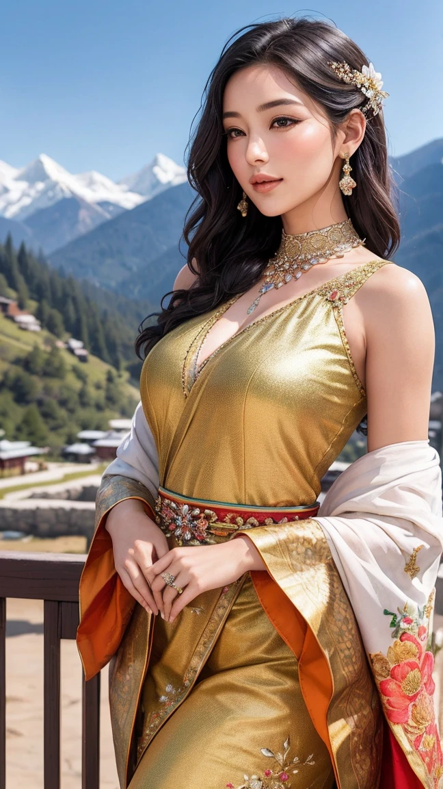 In a picturesque setting that reflects the rich cultural heritage of her homeland, a stunning young woman stands gracefully, exuding elegance and charm. She is adorned in a traditional Kira from Bhutan, a garment of vibrant colors and intricate patterns that wrap around her slender frame, accentuating her feminine curves. The Kira, crafted from sumptuous silk adorned with delicate embroidery and adorned with sparkling jewels, drapes gracefully over her figure, creating a mesmerizing silhouette.

The young woman's flawless complexion glows beneath the soft sunlight, her dark hair cascading in gentle waves around her shoulders, adorned with ornate hairpins that shimmer in the light. Her almond-shaped eyes, framed by long lashes, sparkle with a captivating warmth, mirroring the serene beauty of her surroundings.

Behind her, the backdrop of Bhutan's breathtaking landscape unfolds—a lush valley dotted with colorful prayer flags fluttering in the gentle breeze, snow-capped mountains rising majestically in the distance. The vibrant hues of the traditional architecture provide a striking contrast against the verdant greenery, creating a scene of timeless beauty and tranquility.

As she gazes into the distance with a serene smile gracing her lips, the young woman embodies the essence of grace, poise, and timeless beauty, captivating all who behold her with her radiant presence in the embrace of her cultural heritage.