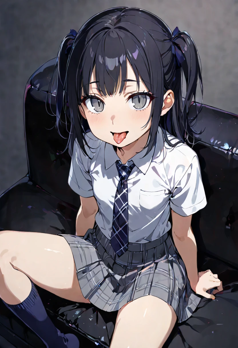 Sitting on a black sofa,looking ahead,from above,side view,face focus,open mouth,tongue out,cum on tongue,lick,(1girl,Beautiful 14 year old girl),((Slender,Small breasts,Baby Face,Small face,)),looking at viewer,Black Hair,bangs,two side up,Gray Eyes,Drooping eyes,slit pupils,narrow eyes,,Short sleeve shirt,Grey checked tie,Grey checked mini skirt,Navy blue socks,Beautiful and detailed anime art,Mischievous smile,Dimly lit room,Simple Background,Gray background,Low lighting
