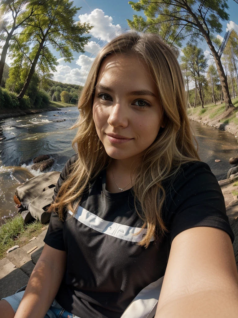 girl sitting by the river with a dog,Sun, clouds, gopro camera, blond, beautiful nature,sun rays, trees, looks at the camera, Evening,detailed face, close-up