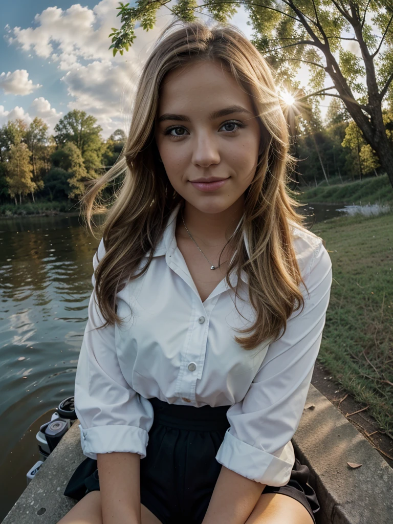 girl sitting by the river with a dog,Sun, clouds, gopro camera, blond, beautiful nature,sun rays, trees, looks at the camera, Evening,detailed face, close-up