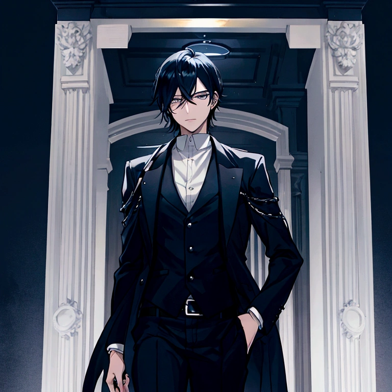 1man, detective, black hair with blue underlight, black eyes, tall, dark background, modern
