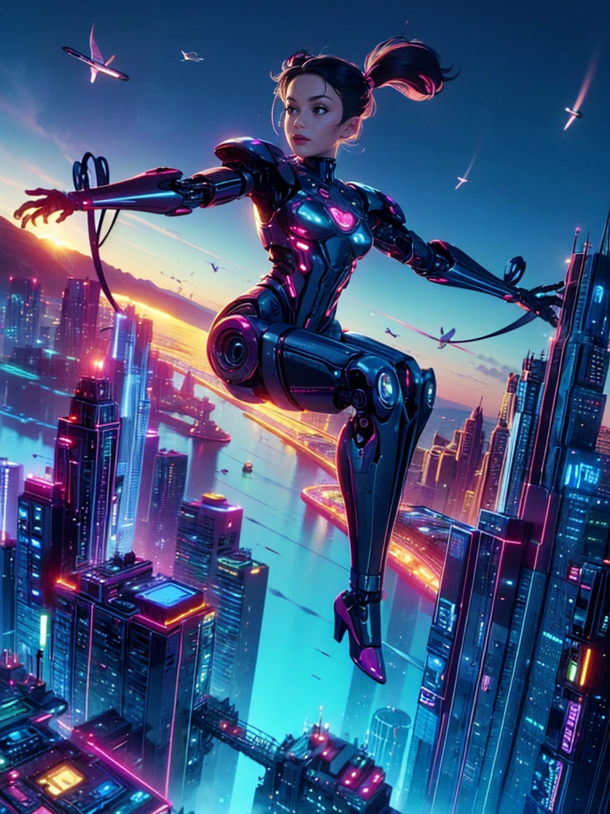 Highest quality、Future World、Cutting-edge robots、Beautiful woman、Transform into a cyborg except for your face、Sexy Images、Full body photo、(((Twin tail hair、Flying Hair)))